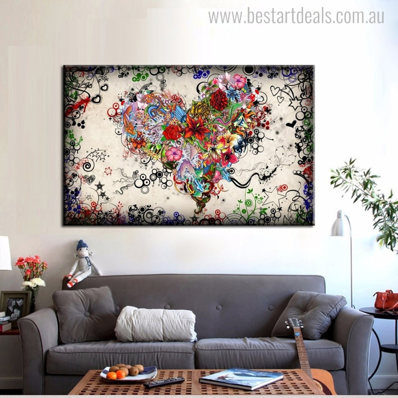 Colorful shade chrysanthemum, sunflower, amaryllis, rose and multiple flowers combined into heart, love art abstract painting canvas print, contemporary botanical artwork.