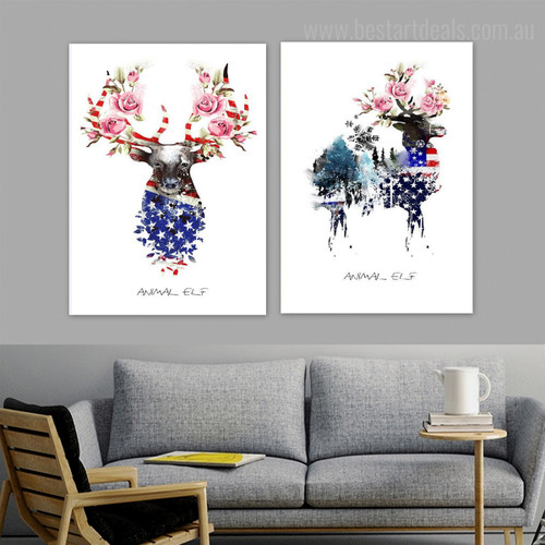 Elf Antelopes Abstract Animal Floral Nordic Framed Smudge Picture Canvas Print for Room Wall Equipment