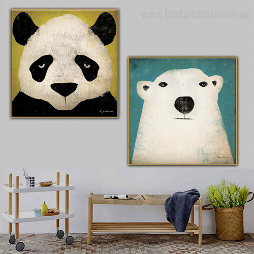 Panda and Bear Animated Animal Modern Framed Vignette Portrait Canvas Print for Room Wall Outfit