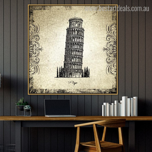 Leaning Tower of Pisa Architecture City Vintage Framed Smudge Photo Canvas Print for Room Wall Assortment