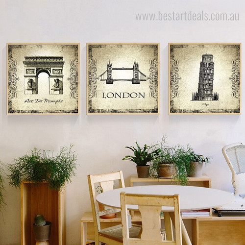 Triomphe and Towers Architecture City Vintage Framed Artwork Picture Canvas Print for Room Wall Decoration