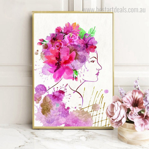 Floral Girl Botanical Abstract Watercolor Framed Smudge Photo Canvas Print for Room Wall Finery