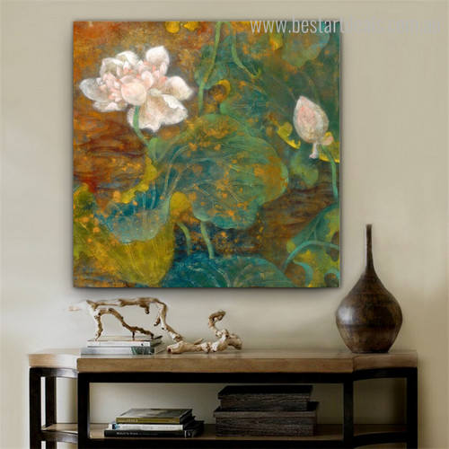 Pink Sacred Lotus Botanical Watercolor Framed Smudge Image Canvas Print for Room Wall Garnish