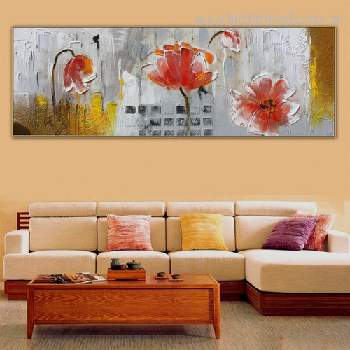 Scarlet Poppies Floral Panoramic Modern Framed Painting Picture Canvas Print for Room Wall Molding