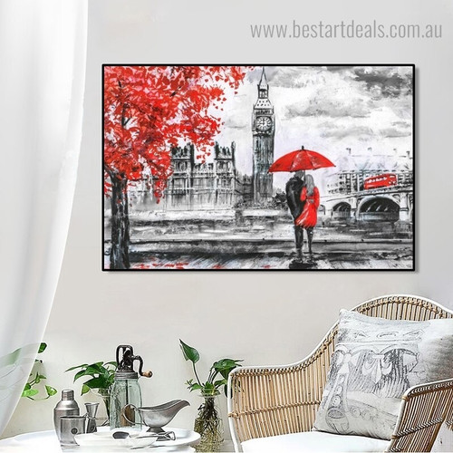 Red Umbrella Couple Abstract Landscape Modern Framed Painting Photo Canvas Print for Wall Decor