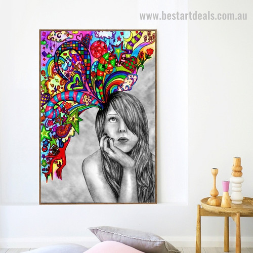 Whimsical Girl Abstract Graffiti Framed Painting Photo Canvas Print for Room Wall Outfit