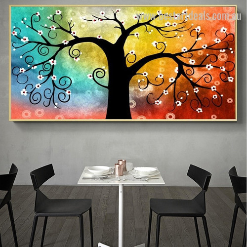 White Floral Tree Abstract Botanical Modern Framed Heavy Texture Handmade Artwork Image Canvas Print for Room Wall Drape