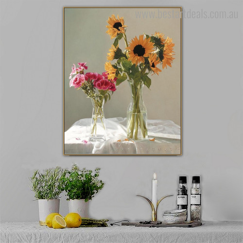 Sunflower Vase Floral Modern Framed Portrayal Photo Canvas Print for Room Wall Outfit
