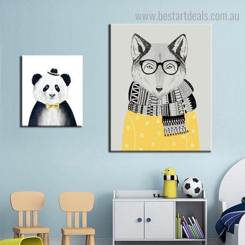 Panda Fox Animated Modern Framed Animal Prints for Kids Room Decor