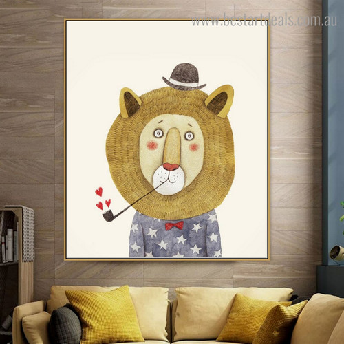 Smoking Lion Animal Animated Modern Framed Kids Art Print for Room Wall Onlay
