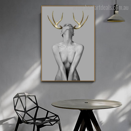 Female Horn Nude Framed Portrayal Photograph Canvas Print for Room Wall Tracery