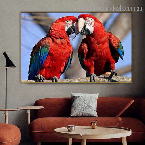 Red and Green Macaw Bird Modern Framed Painting Photo Canvas Print for Room Wall Flourish