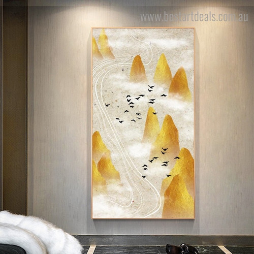 Birds on Mountains Abstract Bird Landscape Framed Painting Pic Canvas Print for Room Wall Drape