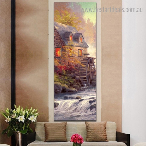 House with Waterwheel Kinkade Reproduction Framed Artwork Pic Canvas Print for Room Wall Decoration