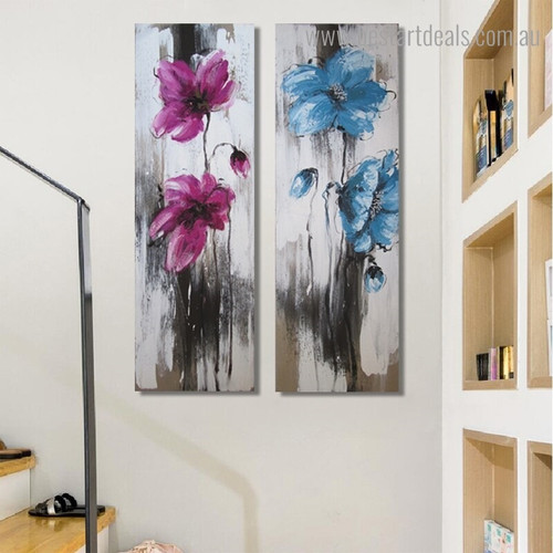 Pink and Blue Blooms Abstract Floral Watercolor Panoramic Framed Painting Picture Canvas Print for Room Wall Finery
