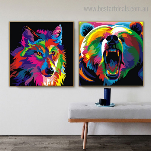Wolf Bear Animal Watercolor Framed Painting Pic Canvas Print for Room Wall Decor