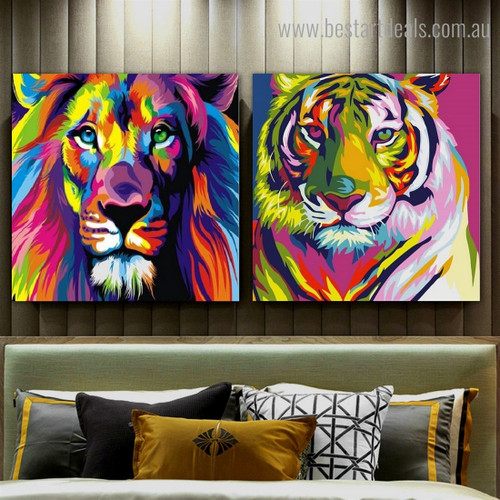 Lion Tiger Animal Watercolor Framed Painting Portrait Canvas Print for Room Wall Getup