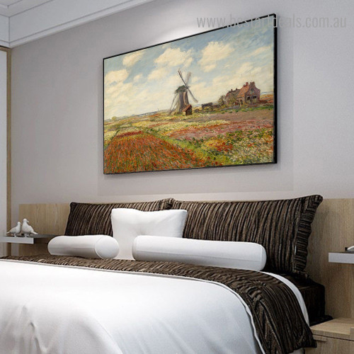 Tulip with Windmill Monet Reproduction Landscape Framed Painting Pic Canvas Print for Room Wall Garnish