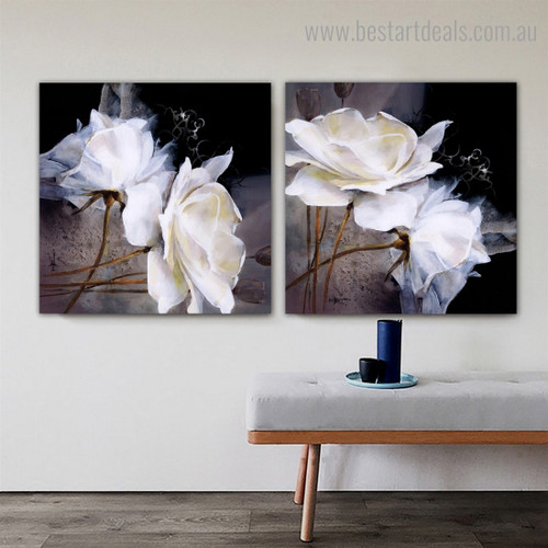 White Petals Abstract Floral Modern Framed Painting Picture Canvas Print for Room Wall Getup