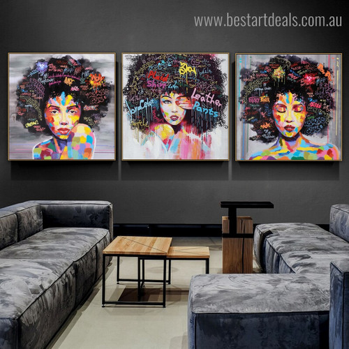 Three Ladies Face Abstract Graffiti Framed Painting Image Canvas Print for Room Wall Decoration