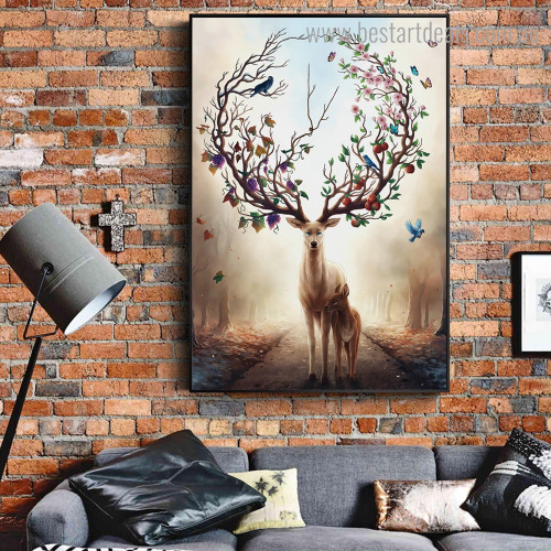 Fantasy Deer Animal Bird Botanical Nordic Framed Artwork Photo Canvas Print for Room Wall Drape