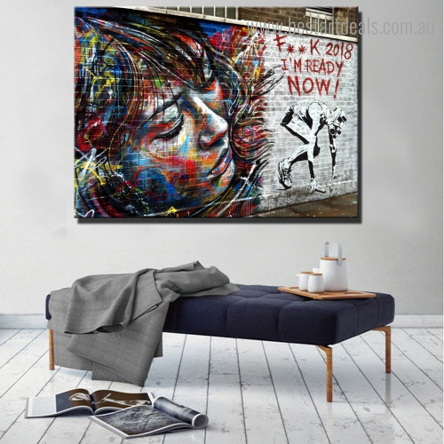 Modern Girl Abstract Graffiti Framed Portraiture Picture Canvas Print for Room Wall Molding