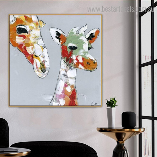 Two Giraffes Abstract Animal Framed Smudge Picture Canvas Print for Room Wall Decoration