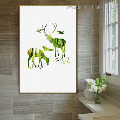 Green Elk Abstract Animal Nordic Framed Painting Picture Canvas Print for Room Wall Outfit