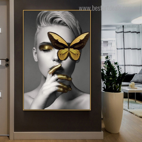 Golden Butterfly Woman Abstract Figure Modern Framed Painting Picture Canvas Print for Room Wall Outfit