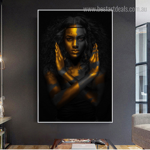 Golden Black Lady Abstract Figure Framed Artwork Image Canvas Print for Room Wall Garnish