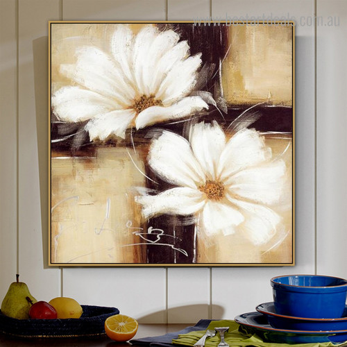 White Blooms Abstract Floral Contemporary Framed Painting Photo Canvas Print for Room Wall Garnish