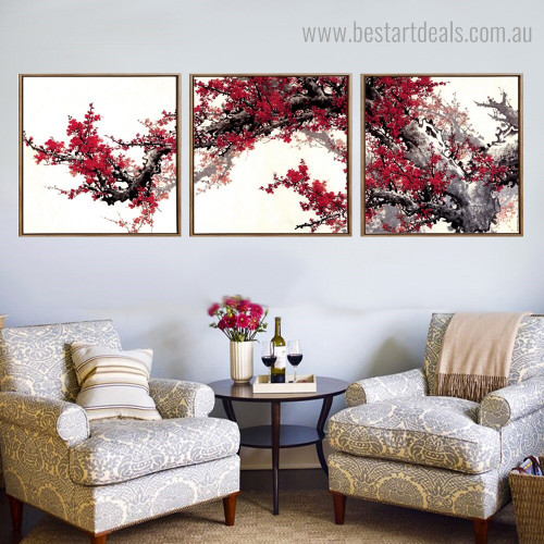 Red Plum Blossoms Floral Contemporary Framed Effigy Photo Canvas Print for Room Wall Onlay