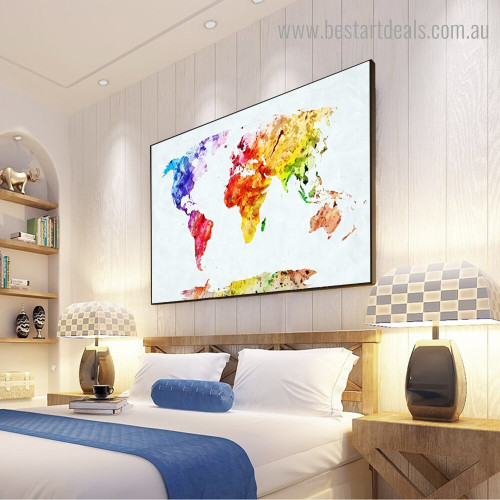 Multicolored Map Abstract Watercolor Framed Artwork Image Canvas Print for Room Wall Disposition