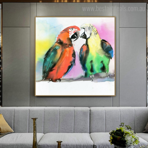 Two Parrots Abstract Bird Watercolor Framed Painting Image Canvas Print for Room Wall Decoration