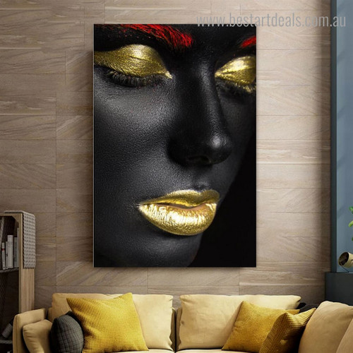 Girl Golden Lips Figure Modern Framed Artwork Image Canvas Print for Room Wall Finery