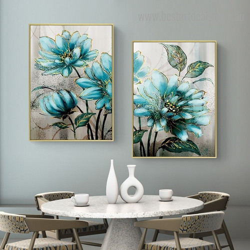 Turquoise Flowers Abstract Botanical Nordic Framed Effigy Portrait Canvas Print for Room Wall Assortment