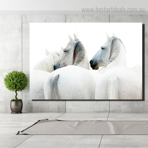 White Steeds Animal Modern Framed Smudge Portrait Canvas Print for Room Wall Adornment
