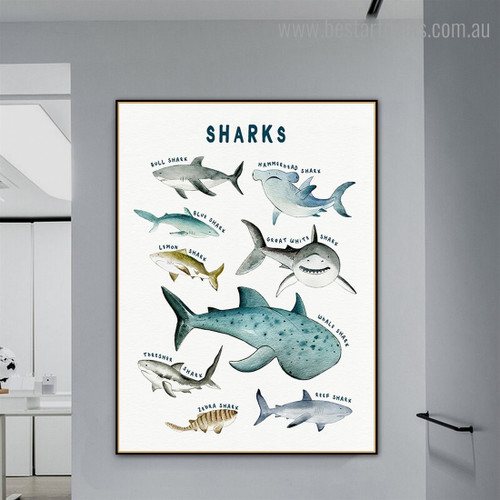 Sharks Animal Kids Modern Framed Painting Photograph Canvas Print for Room Wall Finery