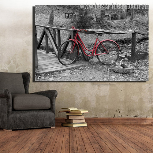 Red Bike Contemporary Landscape Painting Canvas Print for Room Wall Outfit