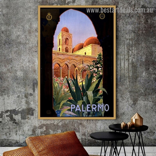 Palermo Vintage Botanical Landscape Retro Advertisement Portrait Image Canvas Print for Room Wall Décor