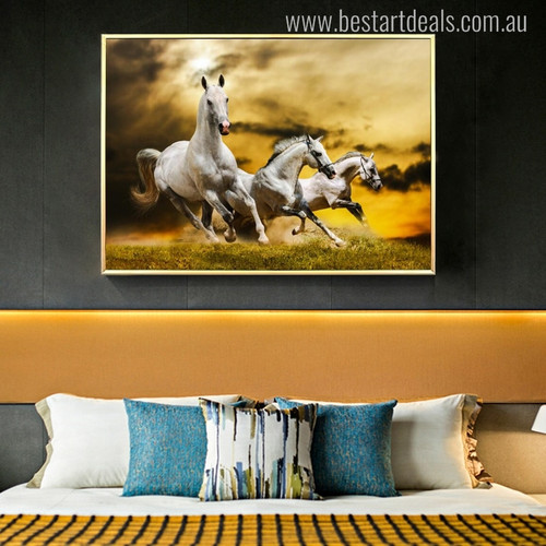 White Horses Contemporary Animal Picture Canvas Print for Room Wall Drape