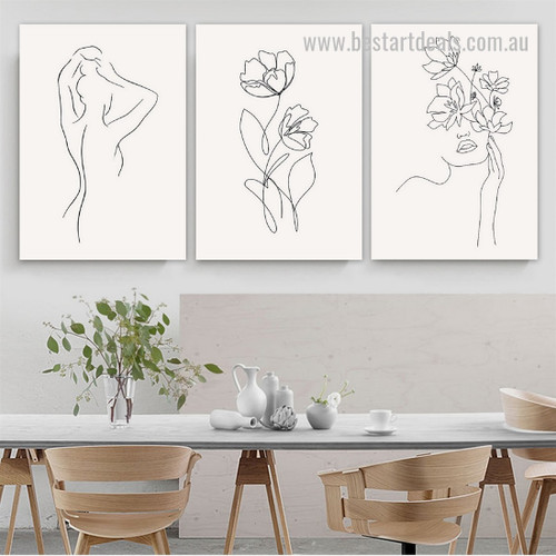 Dona Daffodil Figure Flowers Floral Abstract 3 Piece Framed Stretched Painting Photograph Minimalist Canvas Print for Room Wall Finery