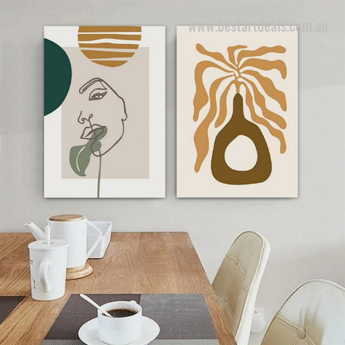 Tortuous Foliage Vase Circles Geometric Abstract Scandinavian 2 Piece Stretched Artwork Image Canvas Print for Room Wall Adornment