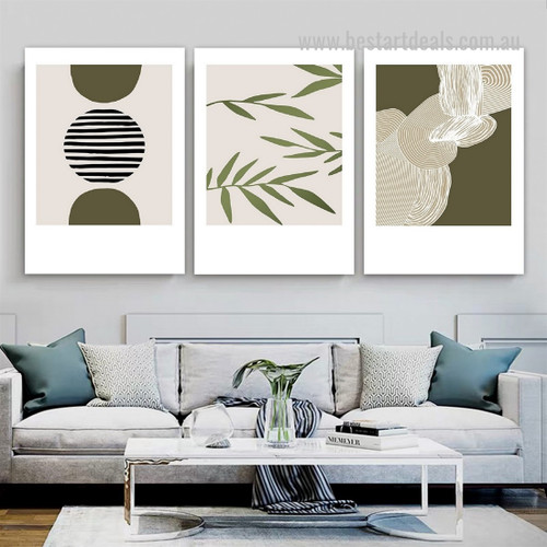 Roundly Twisting Alignment Nordic 3 Piece Framed Stretched Geometric Botanical Painting Photograph Canvas Print for Room Wall Moulding