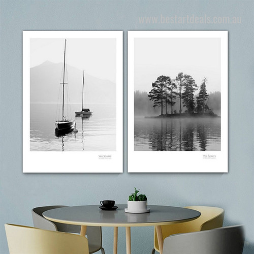 Ocean Saplings Reflection Water Botanical Modern Naturescape 2 Panel Painting Photograph Stretched Framed Canvas Print for Room Wall Embellishment