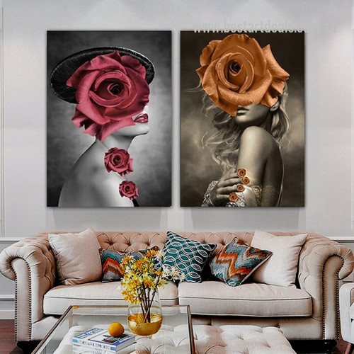 Rosebush Feme Rose Nordic Abstract 2 Piece Framed Stretched Figure Floral Painting Photograph Canvas Print for Room Wall Embellishment