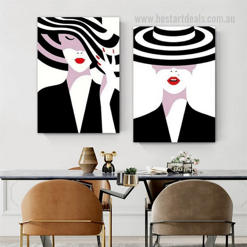  Fashionable Distaff Hat Female Abstract Artwork 2 Piece Photograph Framed Stretched Figure Nordic Canvas Print for Room Wall Adornment