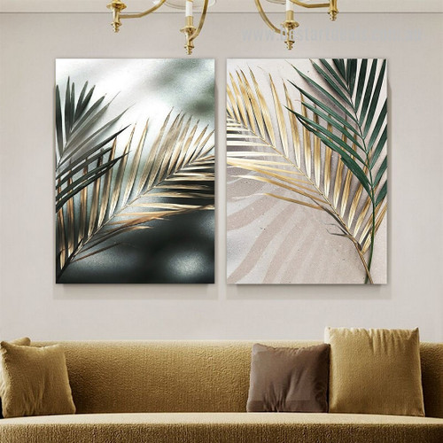 Golden Areca Foliage Botanical Spots Modern Artwork Abstract 2 Piece Photograph Stretched Framed Canvas Print for Room Wall Garniture