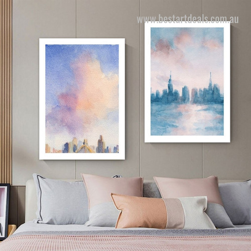 New York Coral Aqua Sky Landscape Framed Stretched Abstract 2 Piece Artwork Photo Scandinavian Canvas Print for Room Wall Getup