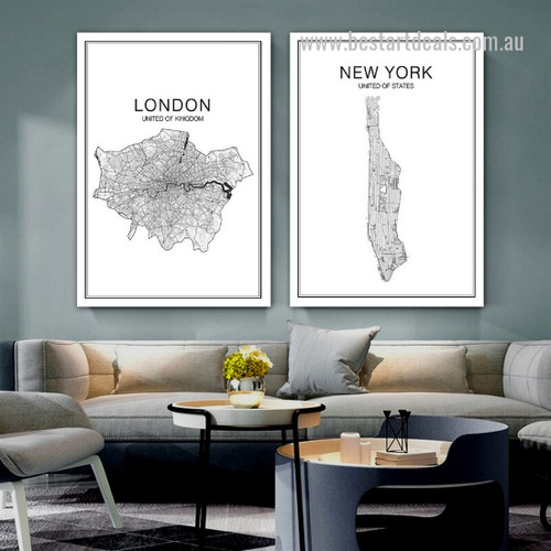 London New York Map Abstract Typography 2 Piece Framed Stretched Modern Painting Photograph Canvas Print for Room Wall Getup